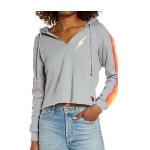 Aviator Nation Gray Cropped Hoodie with Rainbow Stripes